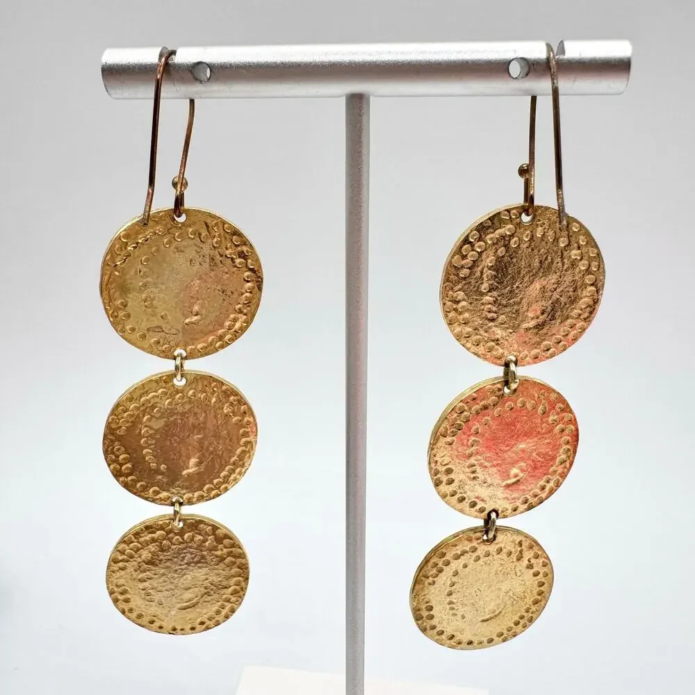 Vintage Ancient Style Golden Coins Linear Dangle Earrings Etruscan Luxe Dusters